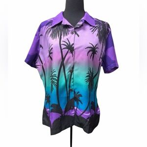 Alvish Purple & Black Vibrant Tropical Button-Down Shirt | Hawaiian Style Size M